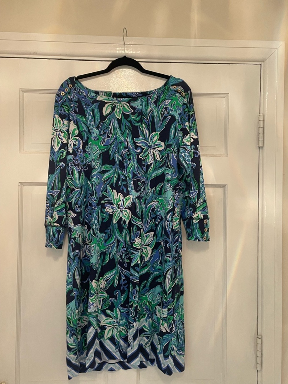 Lilly Pulitzer Navy, Green & Aqua Floral Boatneck Dress